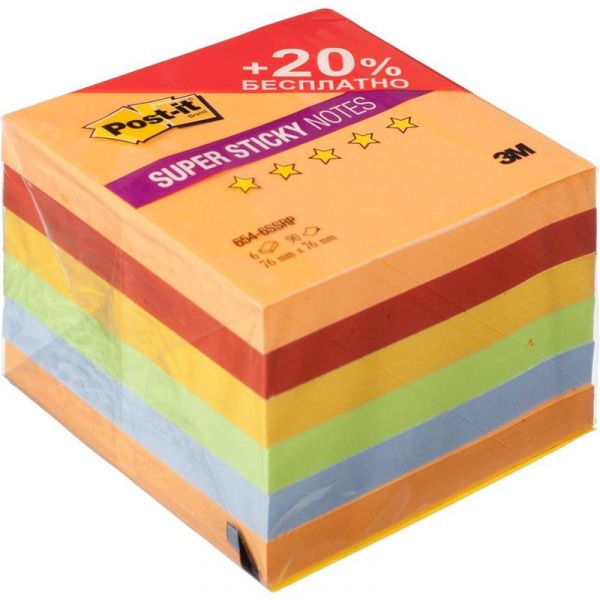 Самоклеящийся блок 3M Super Sticky 654-6SSRP Огонь Плюс 76х76 мм 540 л. 6 цв.